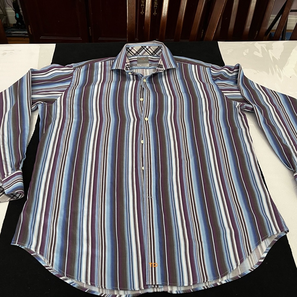 Thomas Dean Blue and Purple Casual Button Down Shirt